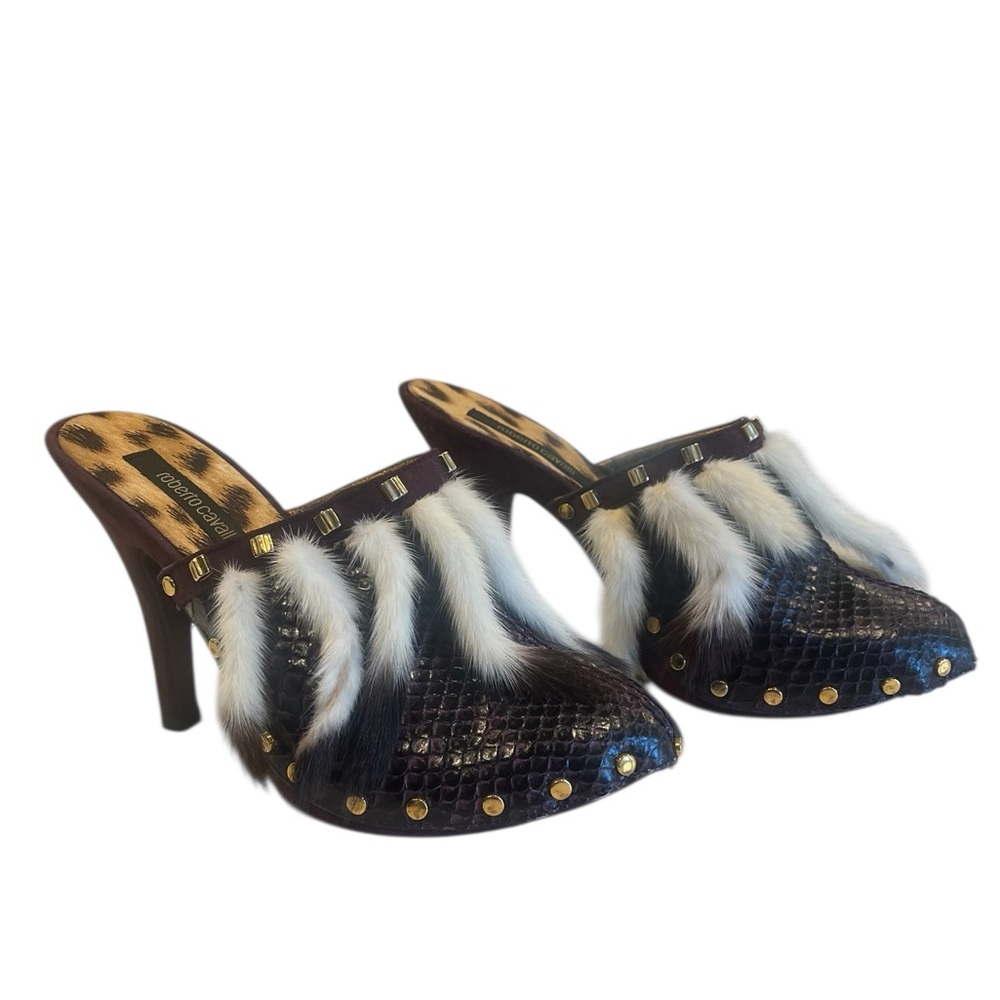 Roberto Cavalli Y2k Deadstock Python Feather Mule… - image 2